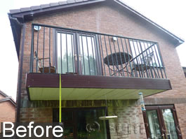 Before Sunrock Balconies refurbish old wrought iron balcony with glass balcony in Cheshire 